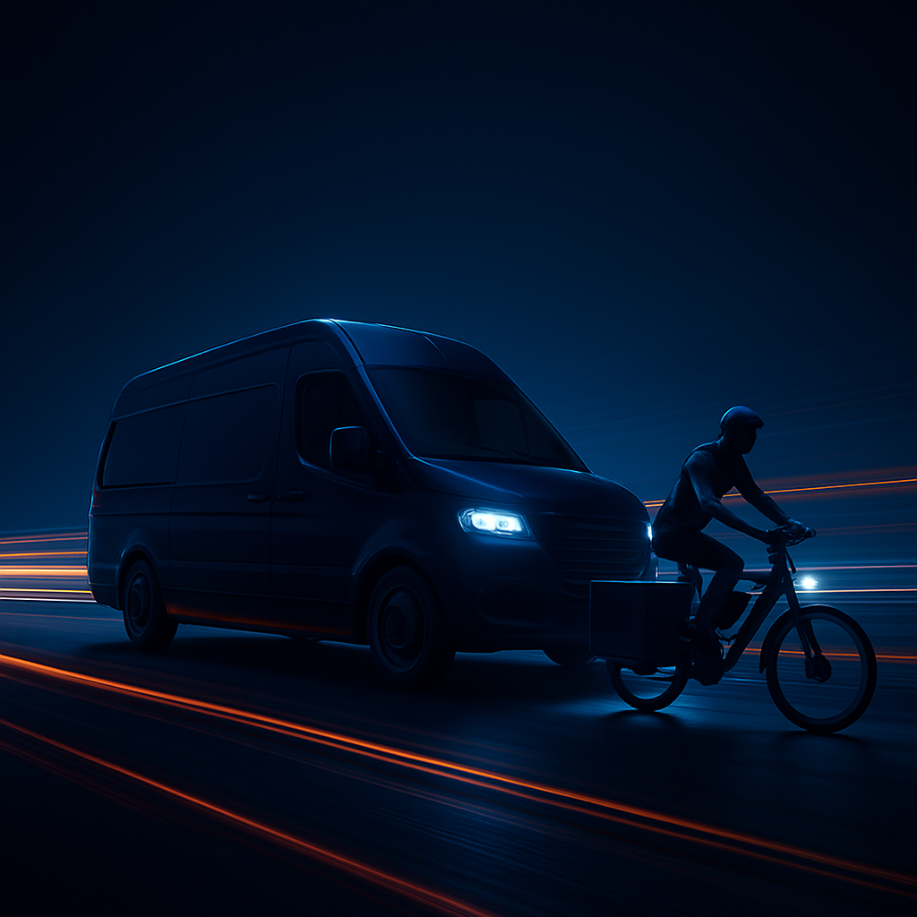 Flota de reparto de última milla Delivery Express en una autopista nocturna con estelas de luz